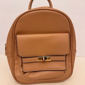 Tan Mini Backpack Handbag with Gold Hardware